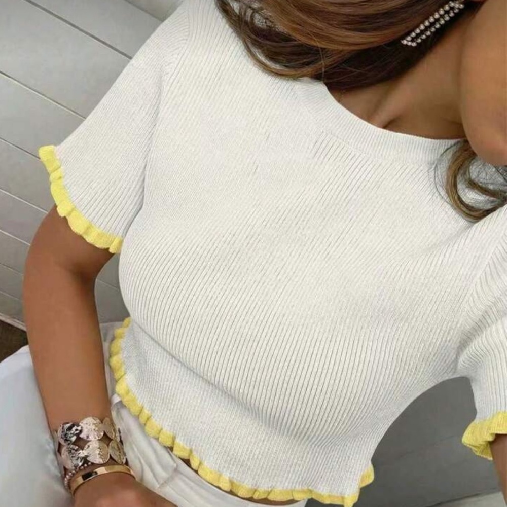 White and Yellow Ruffle Trim Top - Picture 5 of 10